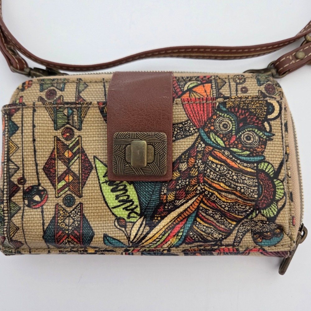 Sakroots Crossbody Wallet Multicolor Owl Print Coated Canvas Womens Small - Picture 2 of 7